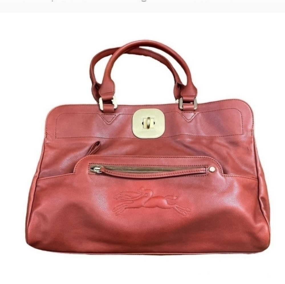 Authentic Longchamp Gatsby Leather Tote Bag Red Turnlock